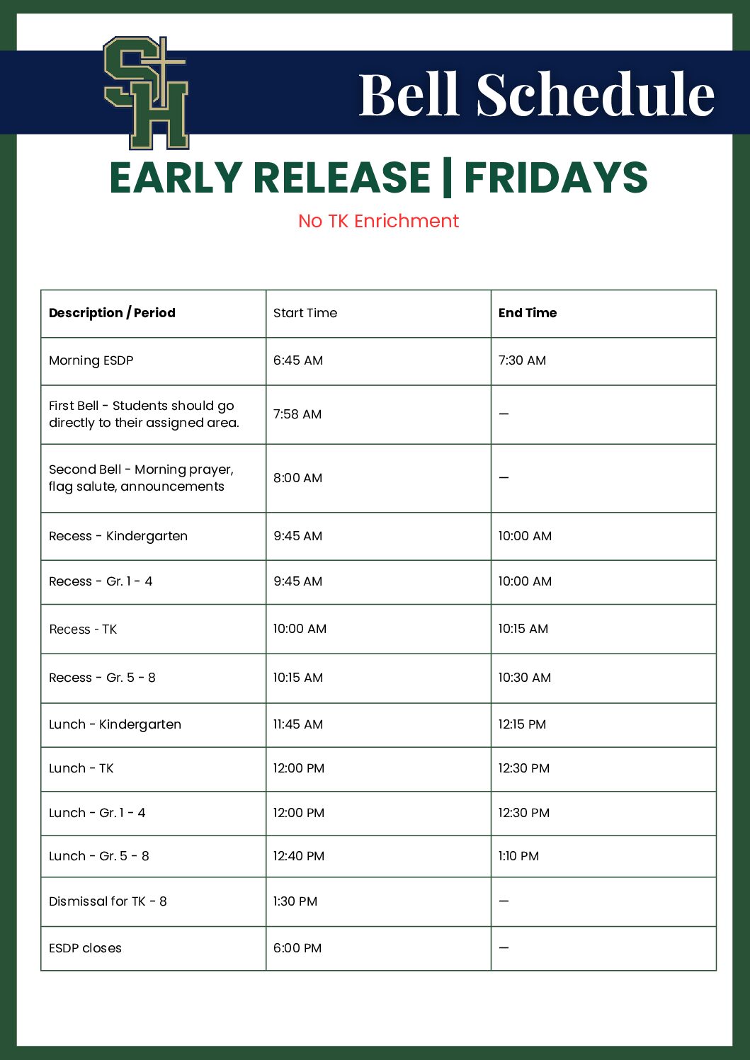 Bell Schedule Fridays
