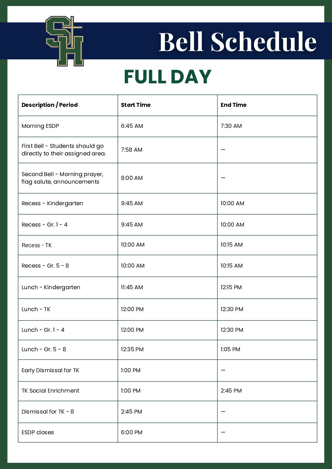 Bell Schedule Full Day