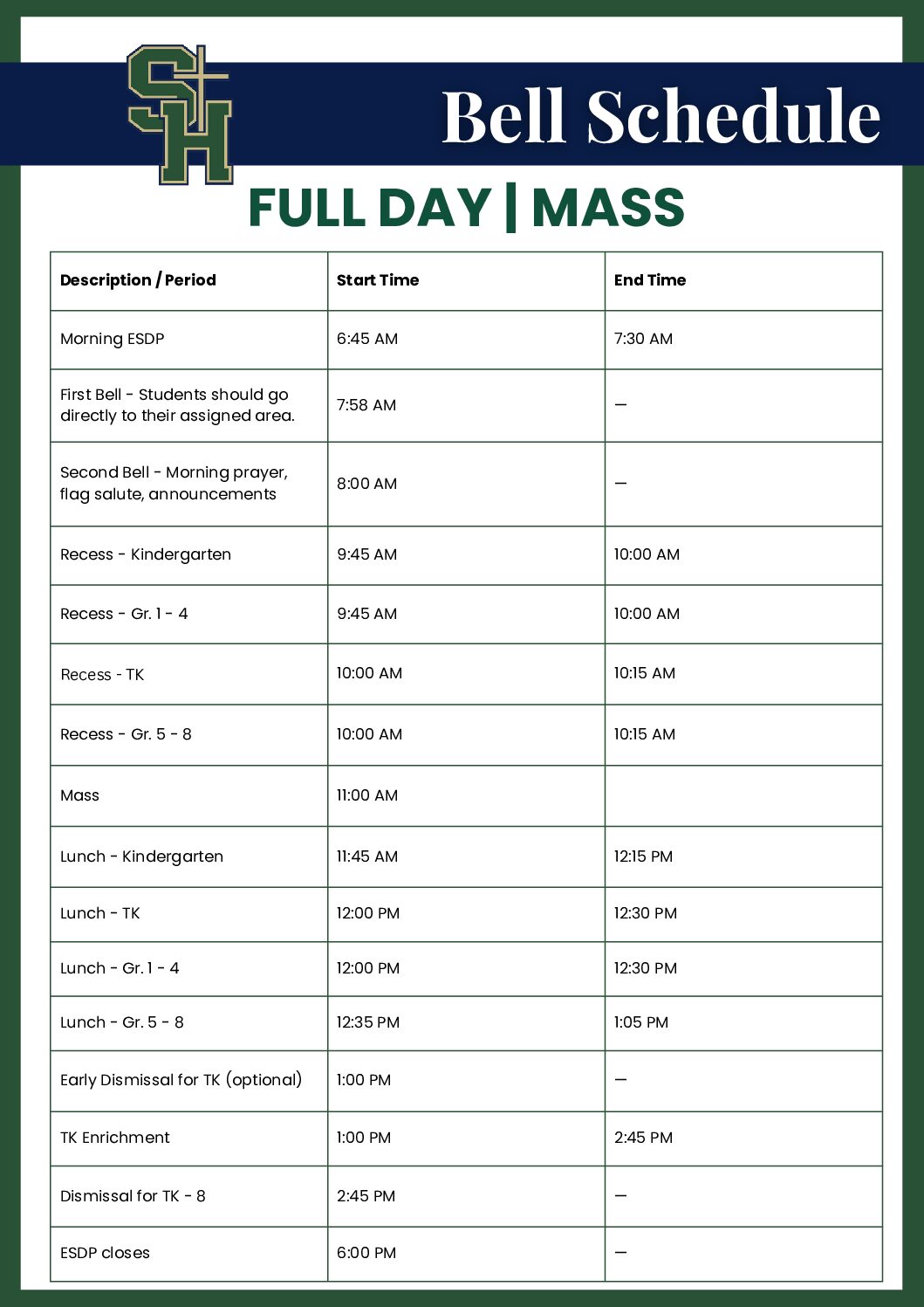 Bell Schedule Mass