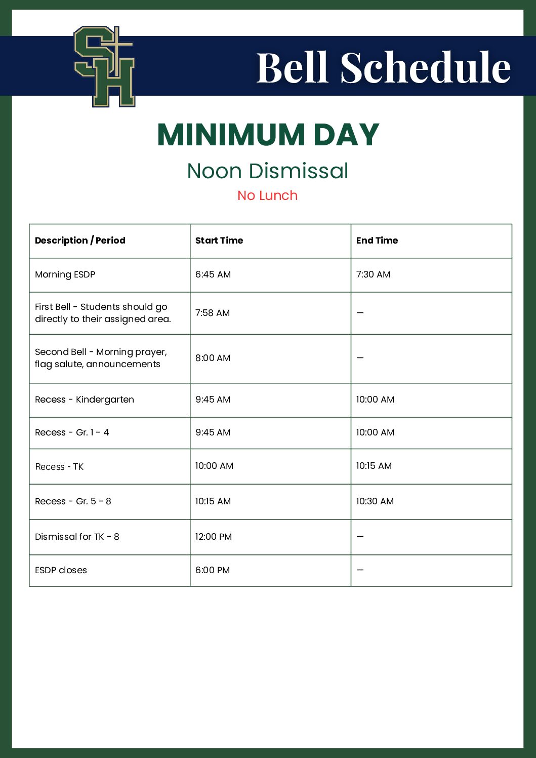 Bell Schedule Noon Dismissal